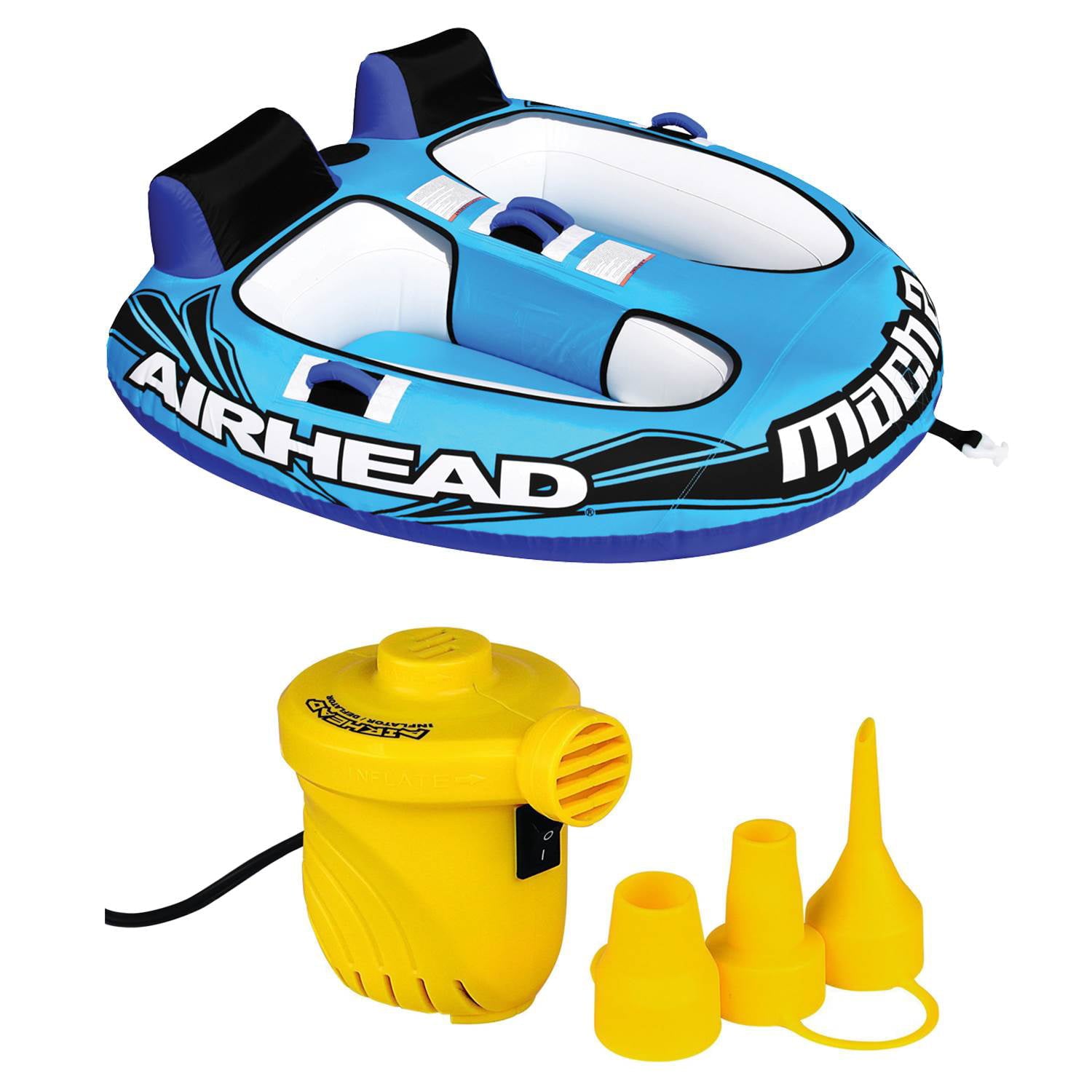 Airhead Mach 2 Inflatable 2-Rider Cockpit Towable Tube + 12V Portable Air Pump