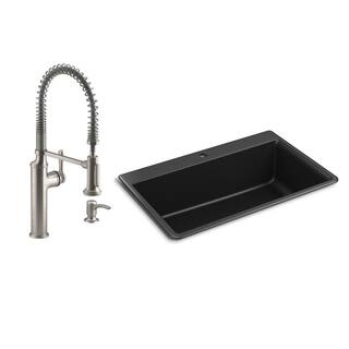 KOHLER Kennon Drop-inUndermount Granite Composite 33 in. Single Bowl Kitchen Sink with Sous Kitchen Faucet in Matte Black K-R8437 10651-VS