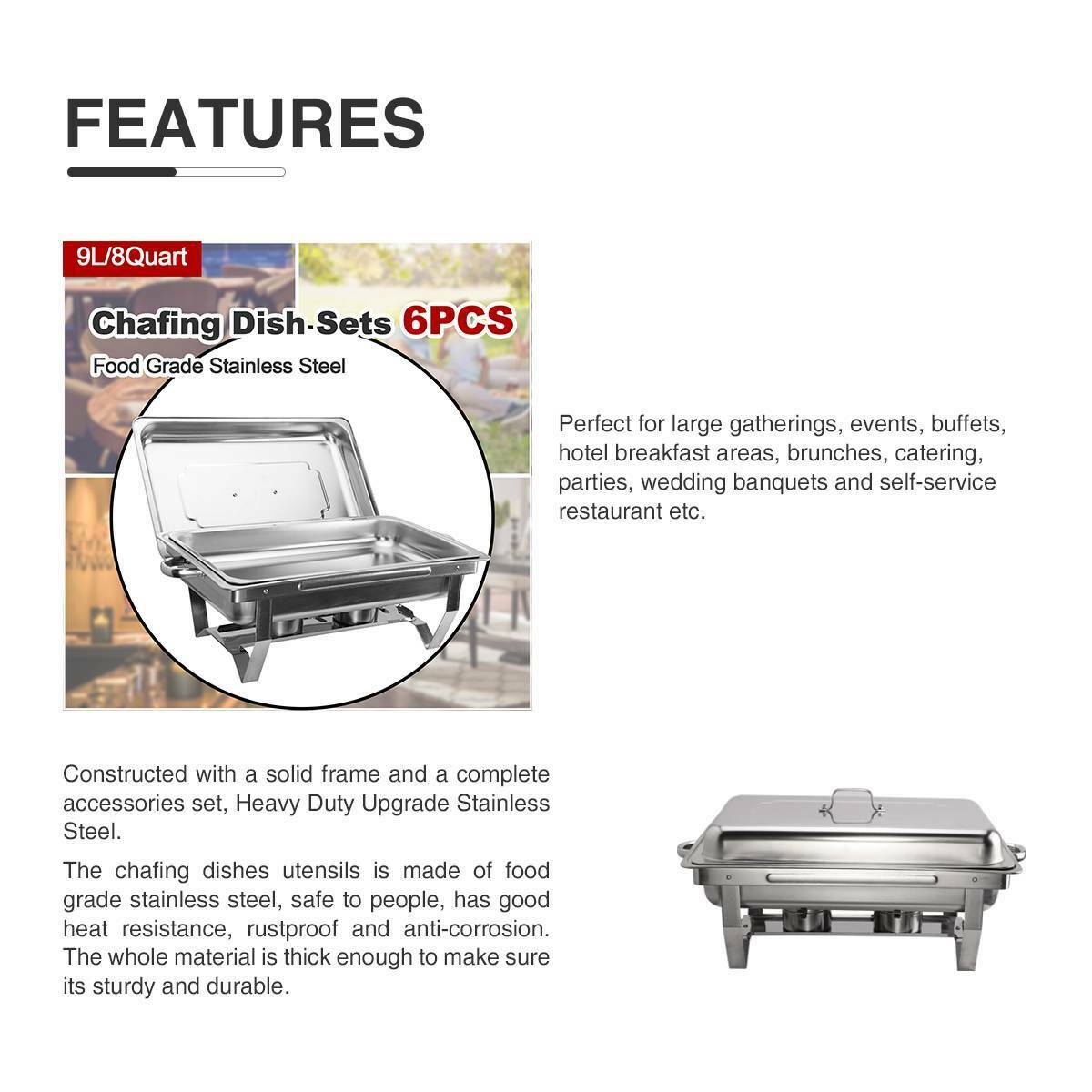 Wilprep 6Pack 9L/9.5Q Chafer Chafing Dish Sets Stainless Steel Catering Pans Food Warmer