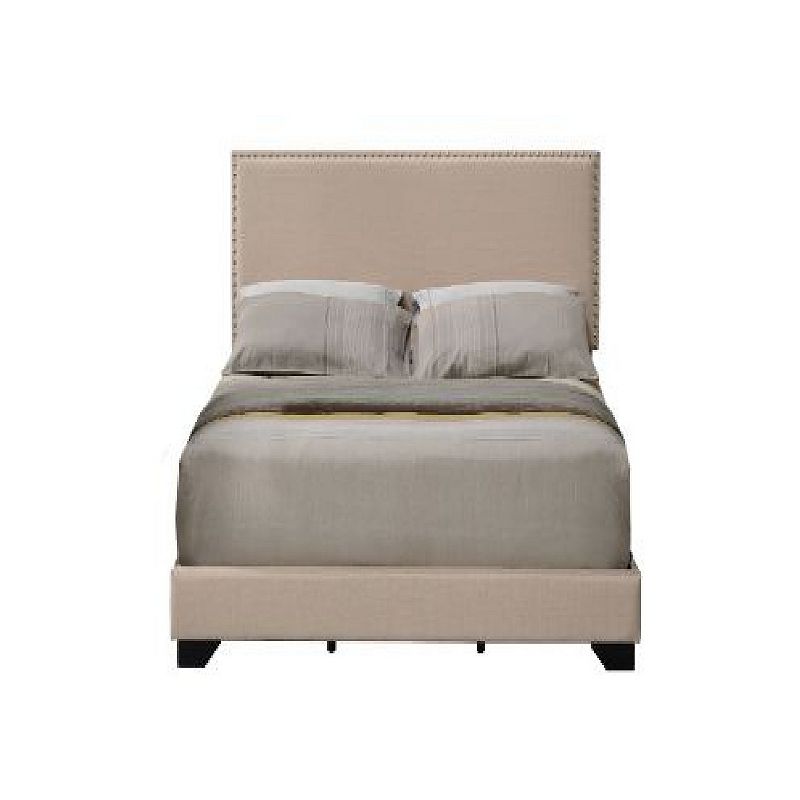 Queen Size Bed with Fabric Upholstery and Nailhead Accent， Beige