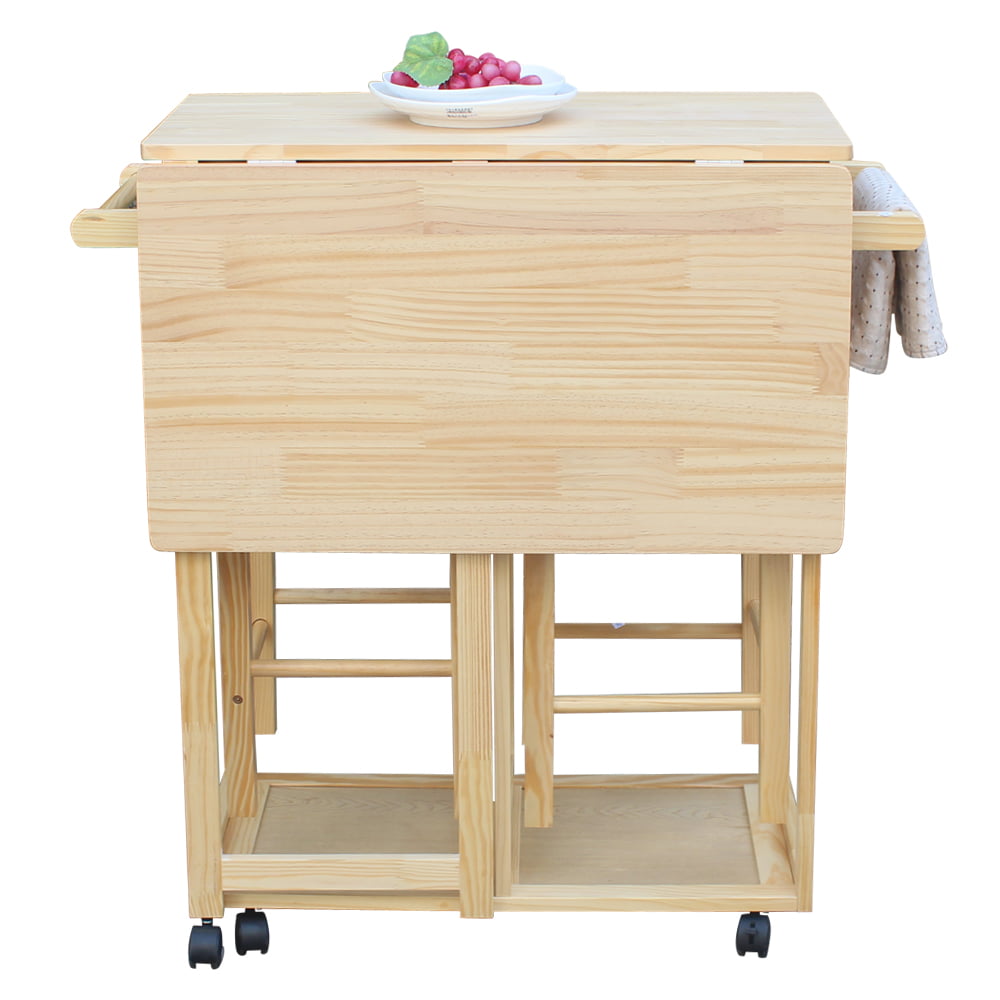 Zimtown Kitchen Trolley Cart Island Rolling Storage Dinning Table Stools Set Wood Color