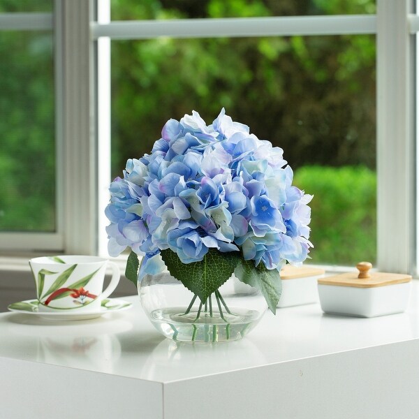 Hydrangea Artificial Flowers in Round Glass Vase with Faux Water，Silk Flower Arrangements in Vase for Home Decor，Wedding Table