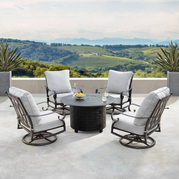 Outdoor Round Aluminum Fire Table amp 4 Deep Seating Swivel Rocking Chairs amp Wind Blocker Lid Oakland Living