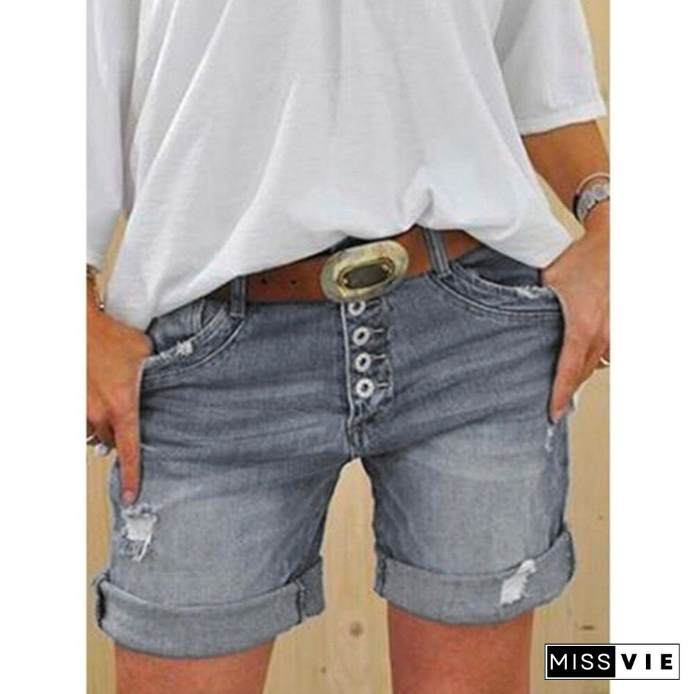 Women Summer Denim Shorts Sexy Ripped Hole Button Jeans Shorts Ladies Plus Size Short