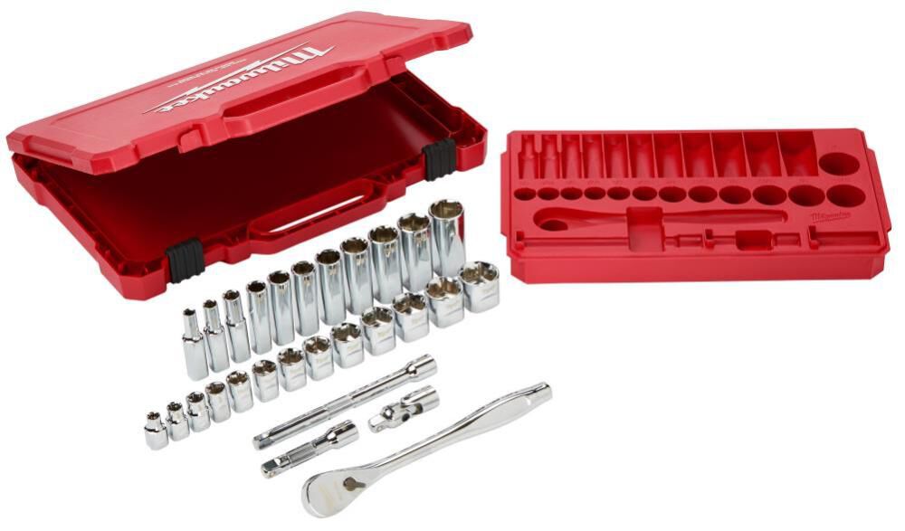 Milwaukee 54pc 1/4In and 3/8In Dr SAE Mechanics Socket Set Bundle 48-22-9404-9408B from Milwaukee