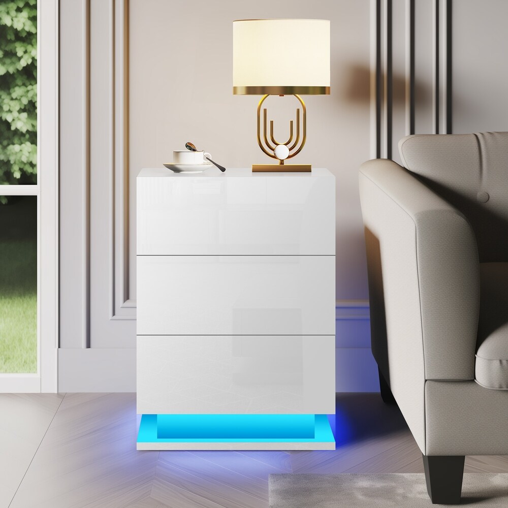 Moasis High Gloss 3 Drawers Nightstand with LED Lights