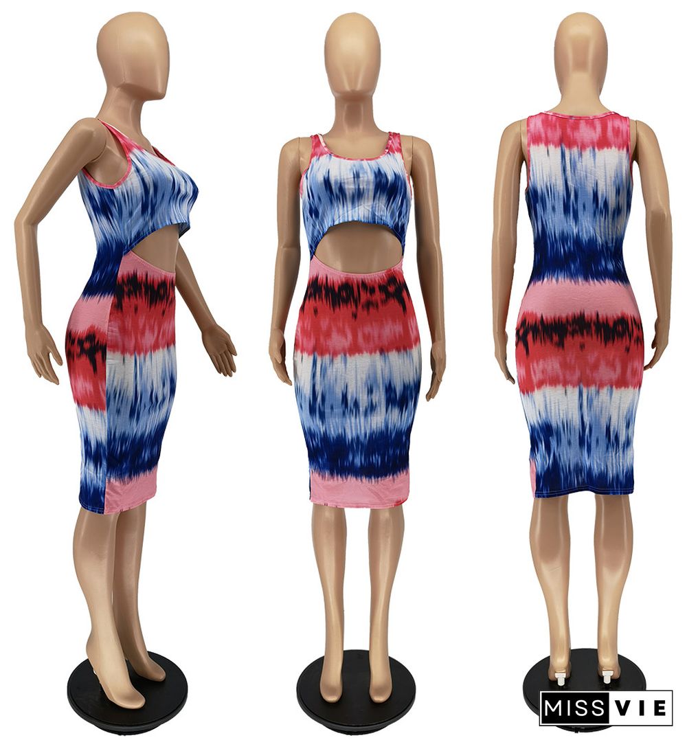 Women Tie Dye Print Sleeveless Cut Out Bodycon Dress