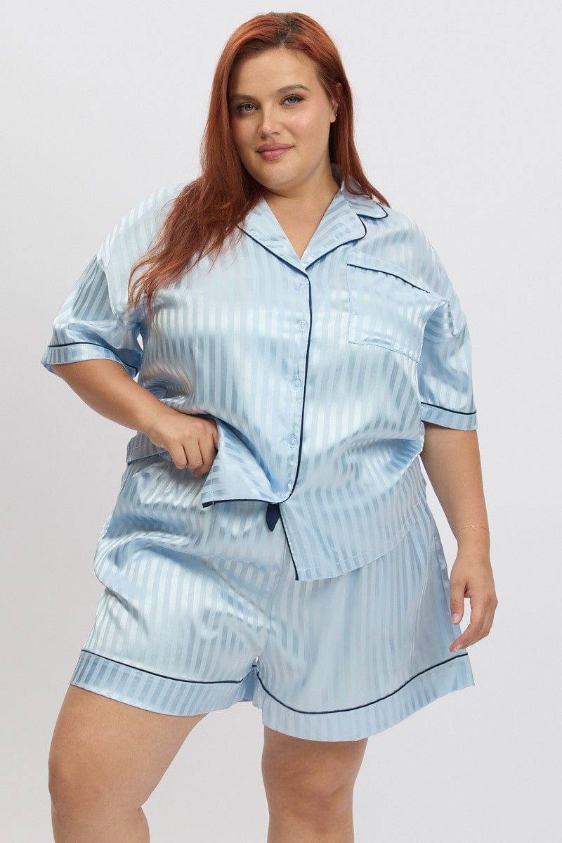 Blue Stripe Satin Pyjamas Set Short Sleeve
