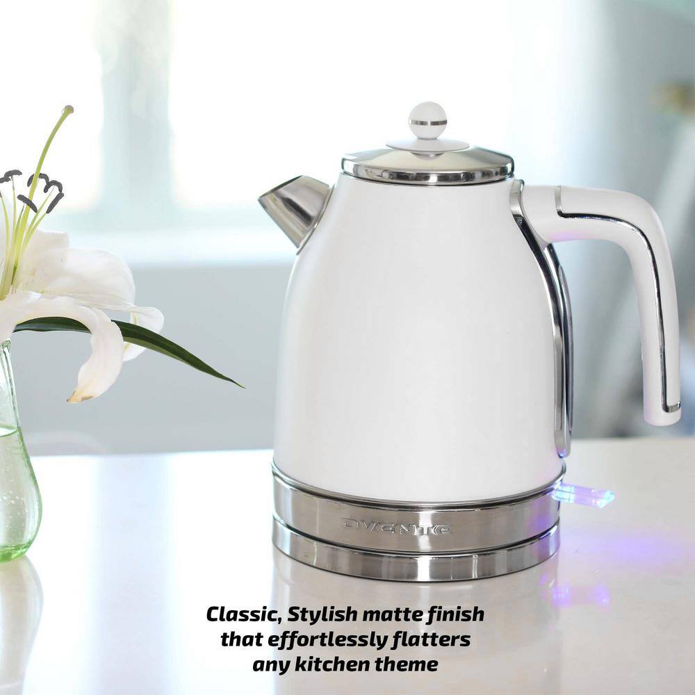 OVENTE 7.2-Cup White Stainless Steel Electric Kettle with Removable Filter Boil Dry Protection and Auto Shut Off Features KS777W