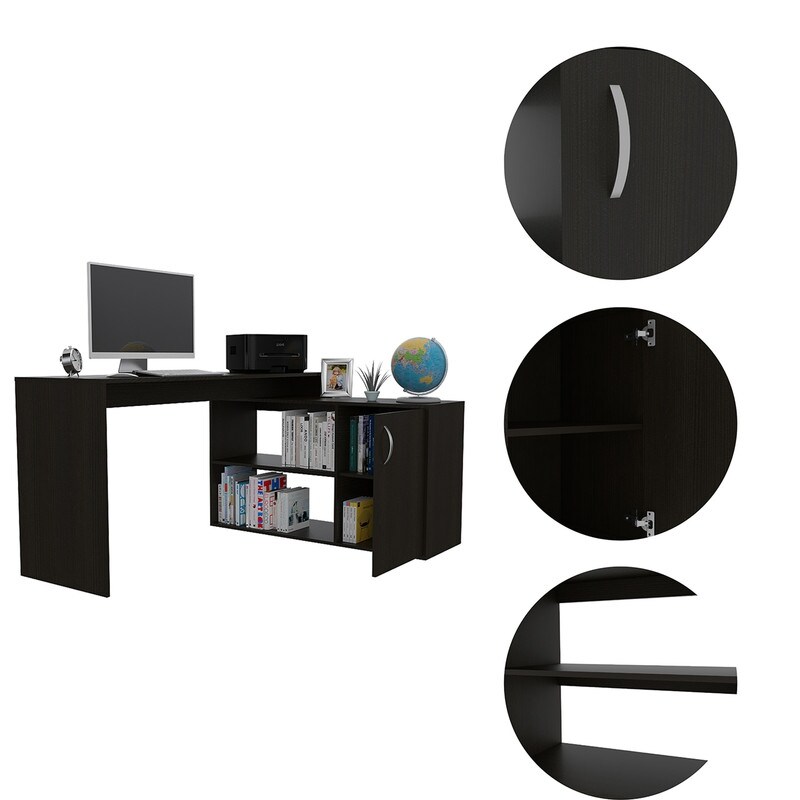 L Shaped Computer Desk with 1 Cabinet  2 Shelf  Home Office Desk Corner Desk  Study Writing Table with Storage