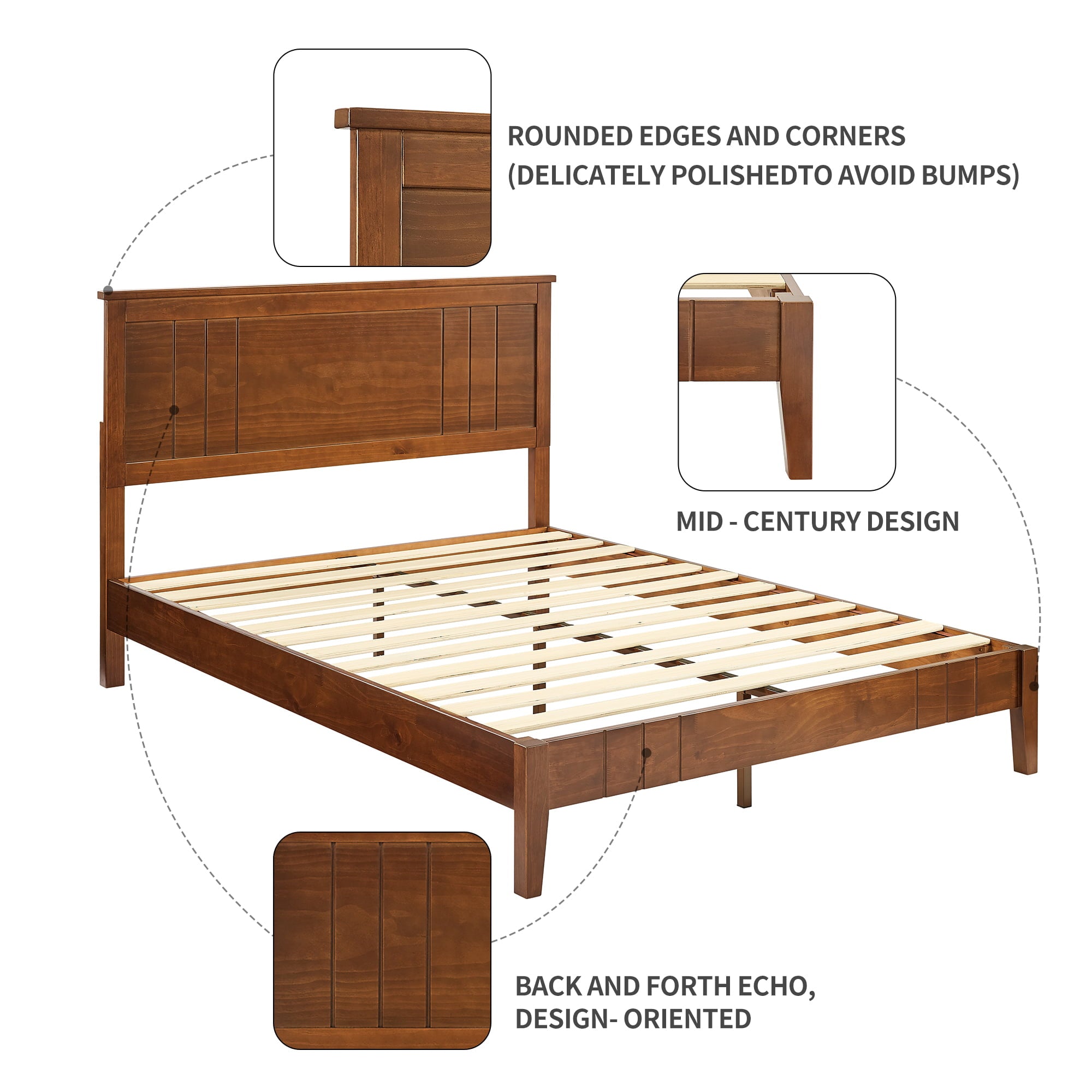 MUSEHOMEINC Mid-Century Modern Solid Wooden Platform Bed with Adjustable Height Headboard for Bedroom,Queen Size Wooden Bed Frame with Headboard,Wood Slat Support & No Box Spring Needed,Queen…