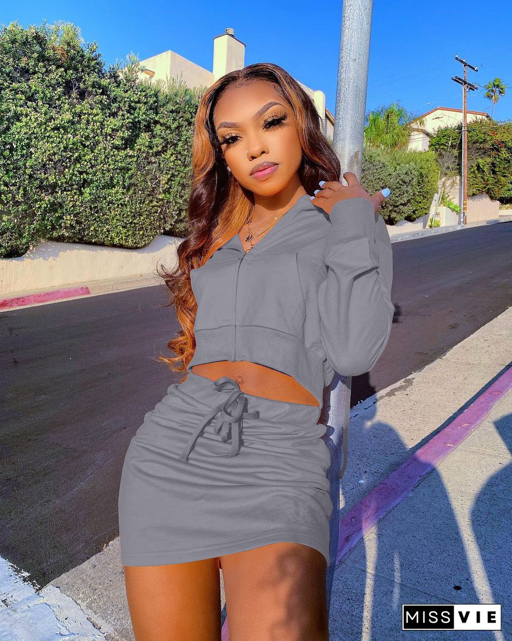 Zip Up Jacket Crop Tops Mini Skirt 2 Piece Sets