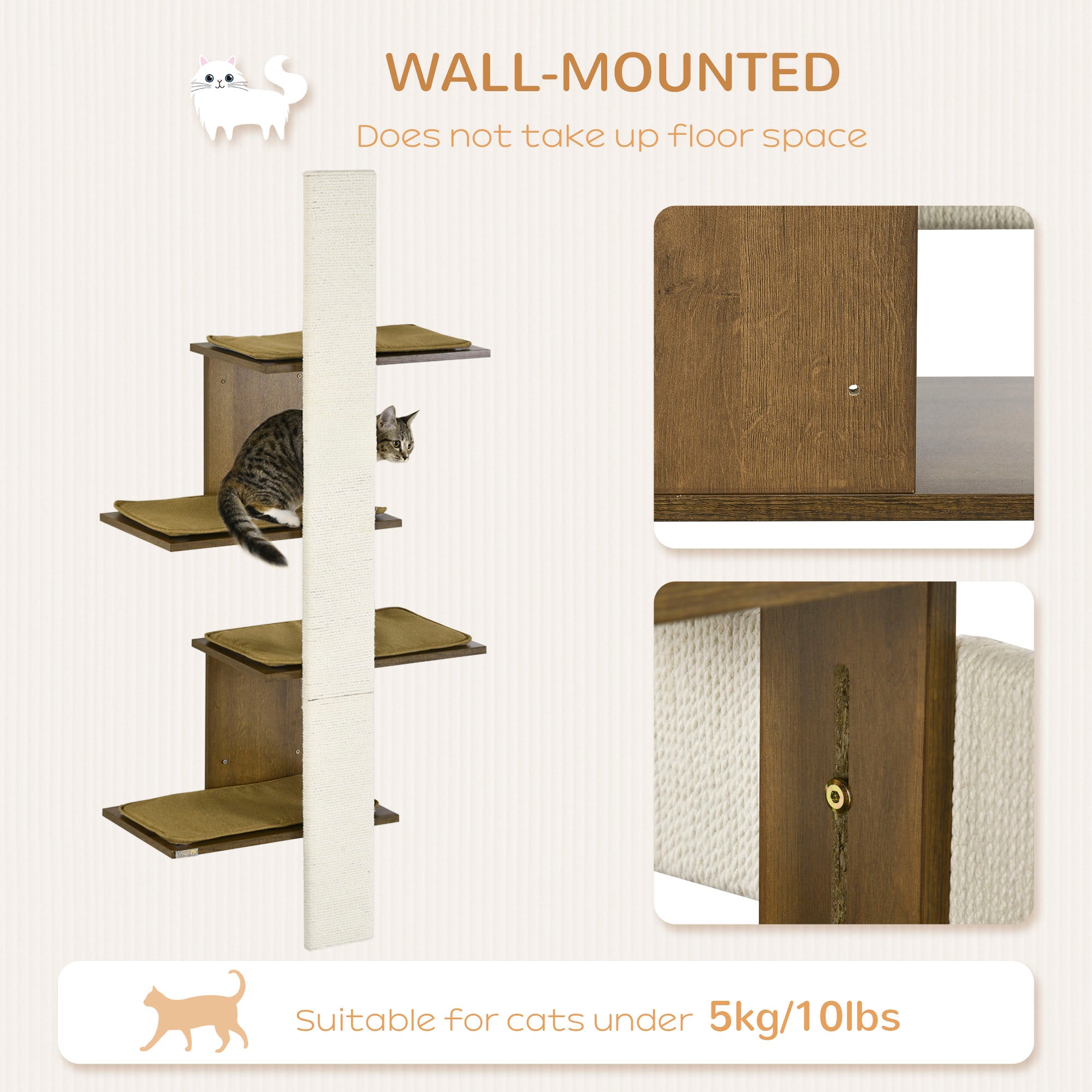 PawHut Wall-Mounted Cat Tree, 4-Layer Cat Wall Shelves Furniture with Scratching Board, Kitten Activity Center with Cushions, Natural