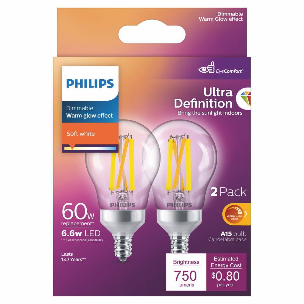 Philips 60-Watt Equivalent A15 Ultra Definition Dimmable Clear Glass E12 LED Light Bulb Soft White with Warm Glow 2700K (2-Pack) 573394