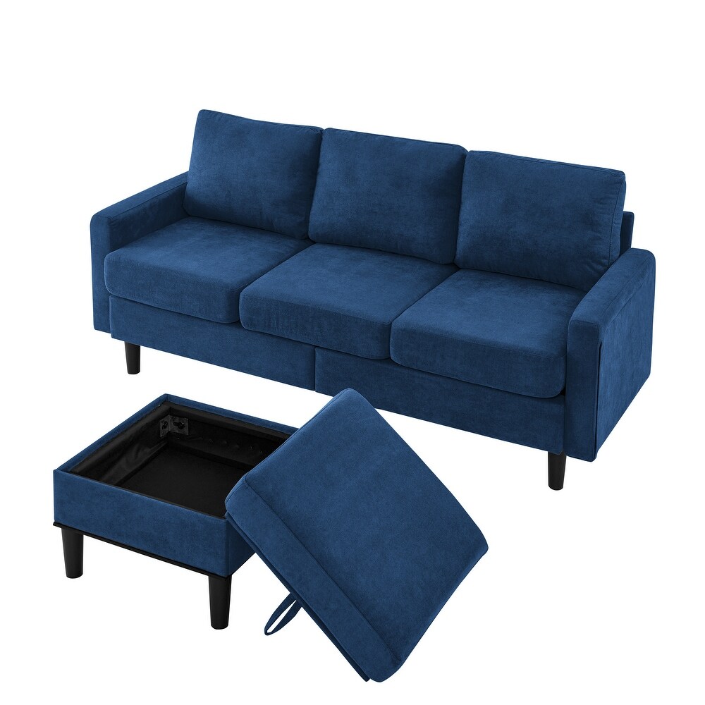 Navy Blue Upholstered L Shaped 3 Seater Sectional Sofa with Reversible Ottoman