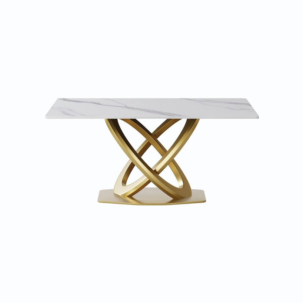 Modern Sintered Stone Dining Table Minimalist Artificial Marble Rectangular Table Top + Gold X cross Shaped Base