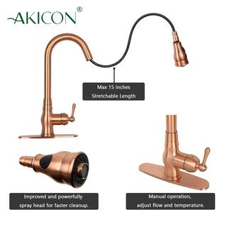 Akicon Single-Handle Pull-Down Sprayer Kitchen Faucet in Copper AK418C