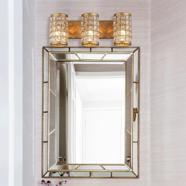 Aged Brass 3-Light Crystal Bathroom Vanity Lights Wall Sconce - 21.65-in W x 7.72-in H x 7.4-in D