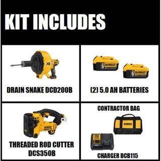 DW 20V MAX Cordless Brushless Drain Snake Cordless Threaded Rod Cutter (2) 20V Li-Ion 5.0Ah Batteries and Charger DCD200BW3502052