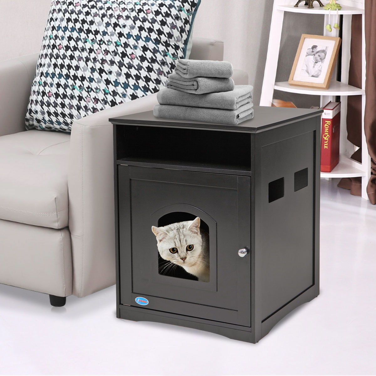 Coziwow Cat Washroom Cat Litter Box Cover Pet Crate End Table Wooden Side Kennel Indoor Black