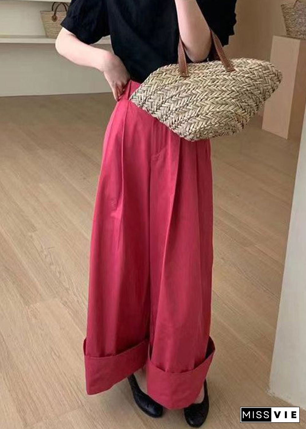 New Red Pockets High Waist Patchwork Cotton Wide Leg Pants Fall