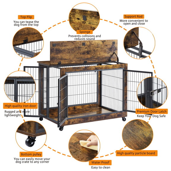 Furniture Dog Cage Crate with Double Doors  Rustic...