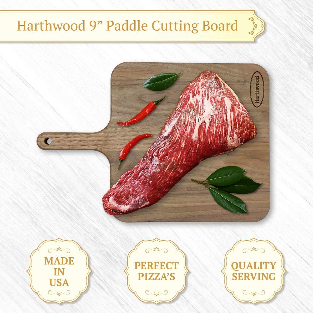 Härthwood Walnut Wood Cutting Board with Handle | Paddle Wooden Shaped Serving Board | Genuine North American Black Walnut for Cheese and Steak | Gift Set with Coconut Seasoning Oil Made in USA (9