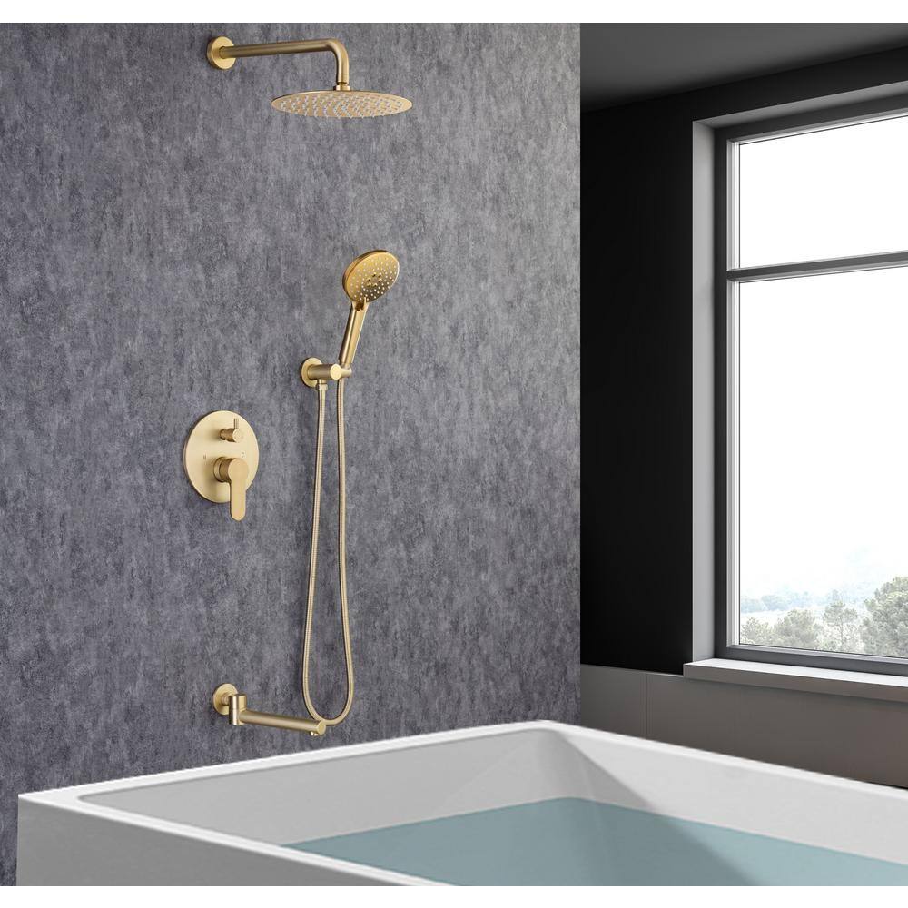 Lukvuzo 14 in. Brushed Nickel 3-Jet Shower System with Tub Spout and Rough-in Valve in Gold SNSA08FS003