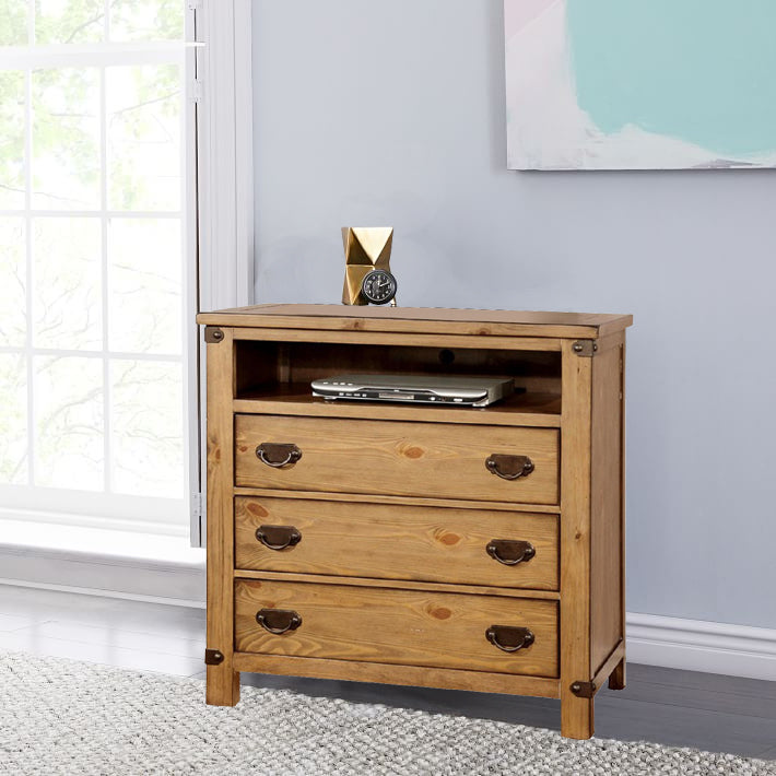 Cottage Style Wooden Media Chest with Three Drawers, Brown- Saltoro Sherpi