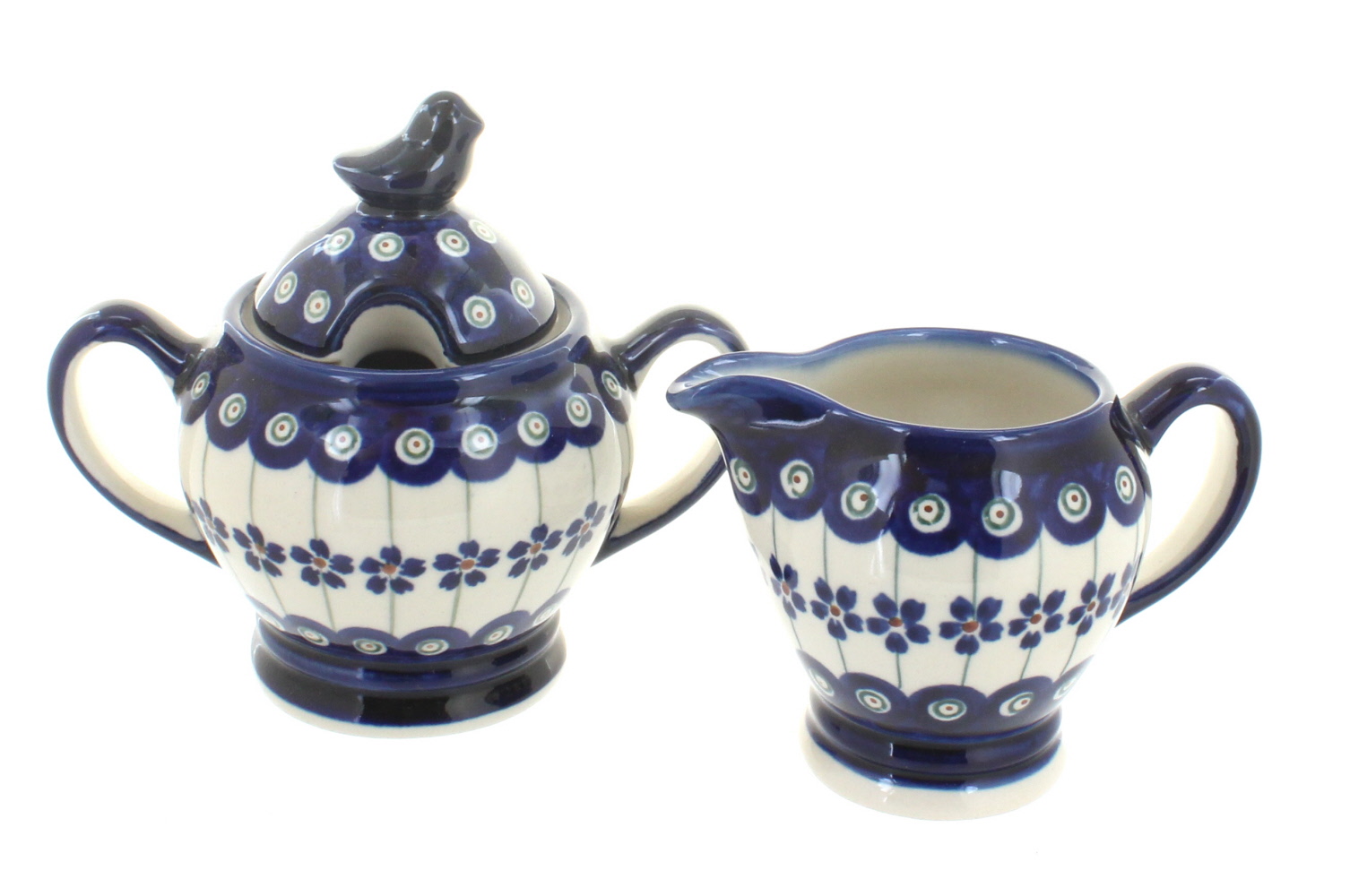 Blue Rose Polish Pottery Flowering Peacock Cream and Sugar