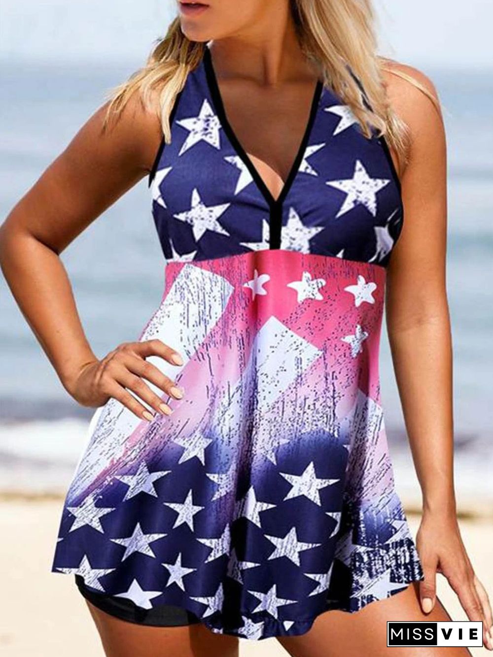 Color Block Flag Sleeveless Adjustable Spaghetti Padded Vacation Tankini P10895