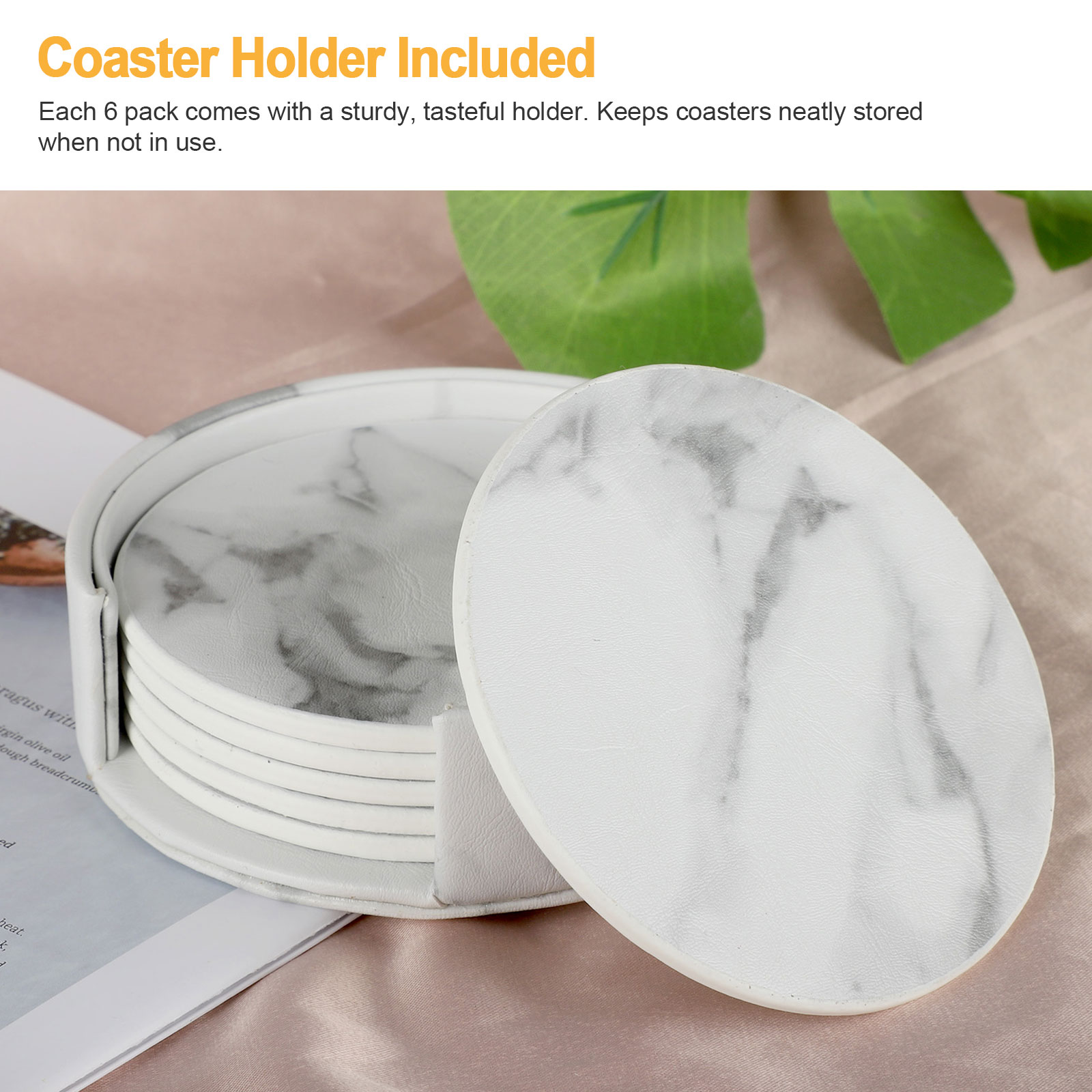 6Pcs Marble Leather Coasters， TSV Leather Coasters with Holder， Non-Slip Coffee Cup Pads， Marble Coasters for Drinks， Round Marble Pattern Mats for Bar Kitchen， White