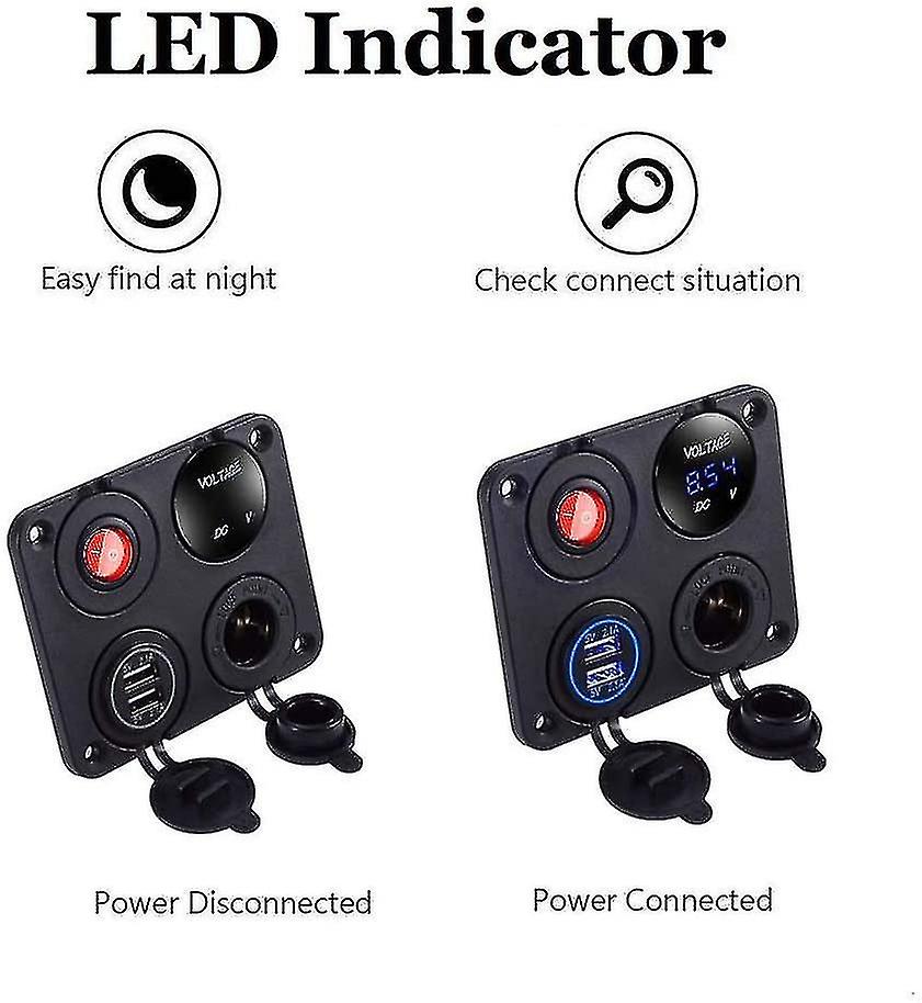 Dual Usb Charger Aluminum Switch Panel， Led Voltmeter， 12 V Outlet + On/off Switch 4 Pore Button Strip