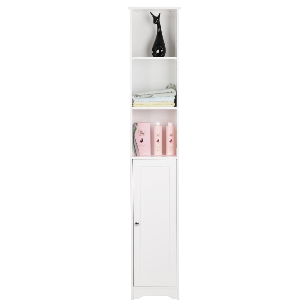 VINGLI 67" Tall Narrow Cabinet Free Standing Bathroom Storage Tower Cabinet White Slim Pantry Cabinet with 3 Open Shelves and 1 Door Adjustable Shelf Corner Linen Organizer