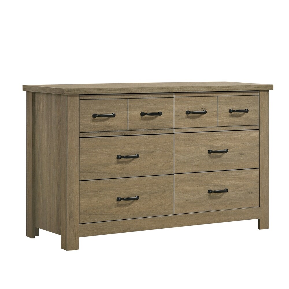 Oak Finish Dresser with 6 Drawers and Black Handles