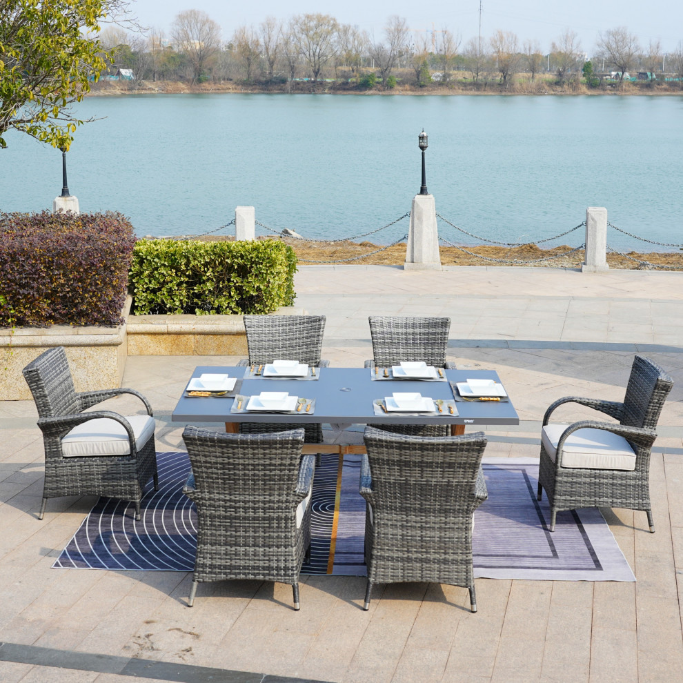 7 Piece Patio Wicker Dining Set With Powder Coated Aluminum Table   Tropical   Outdoor Dining Sets   by Abrihome  Houzz