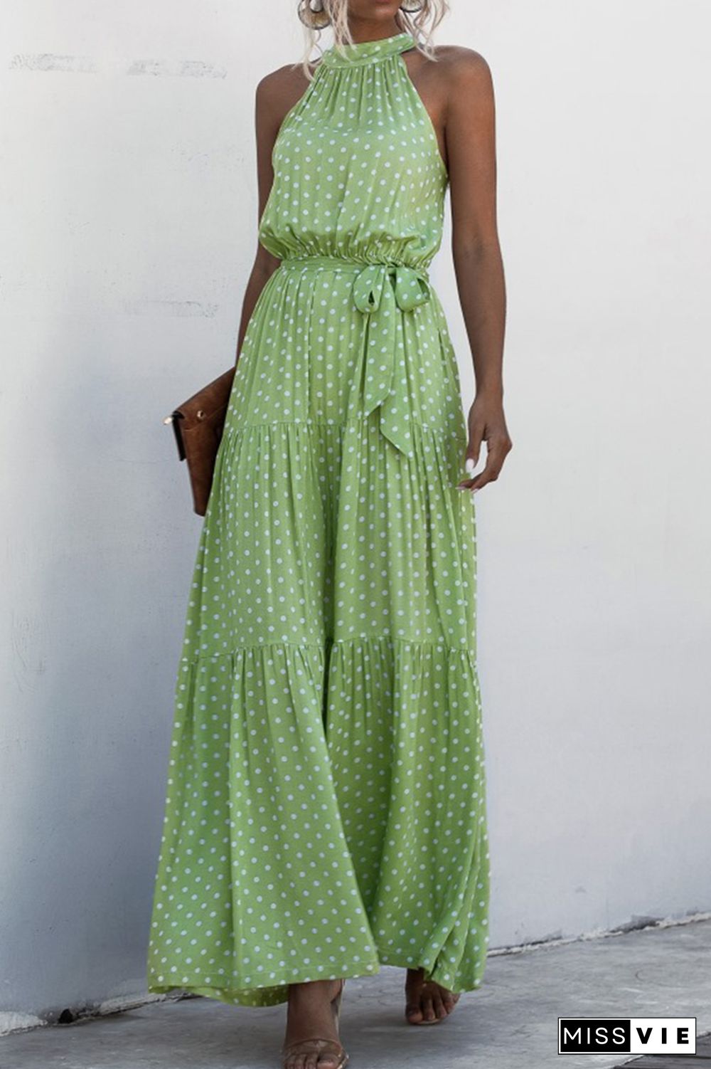 Halter Polka Dot Print Tie Waist Maxi Dress Wholesale