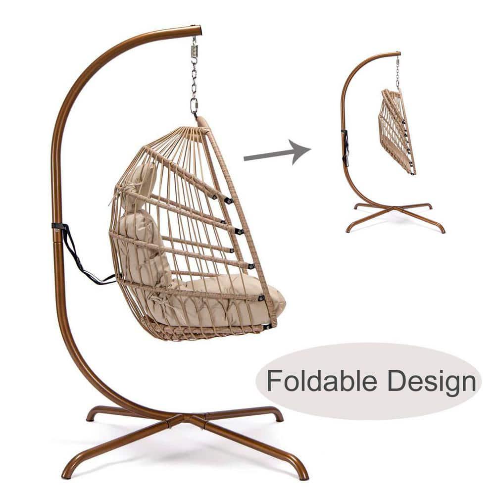 NICESOUL Foldable 350 lbs 1Person Wicker Porch Swing with Beige Body Beige Custion without Cover Hanging Egg Chair with Stand