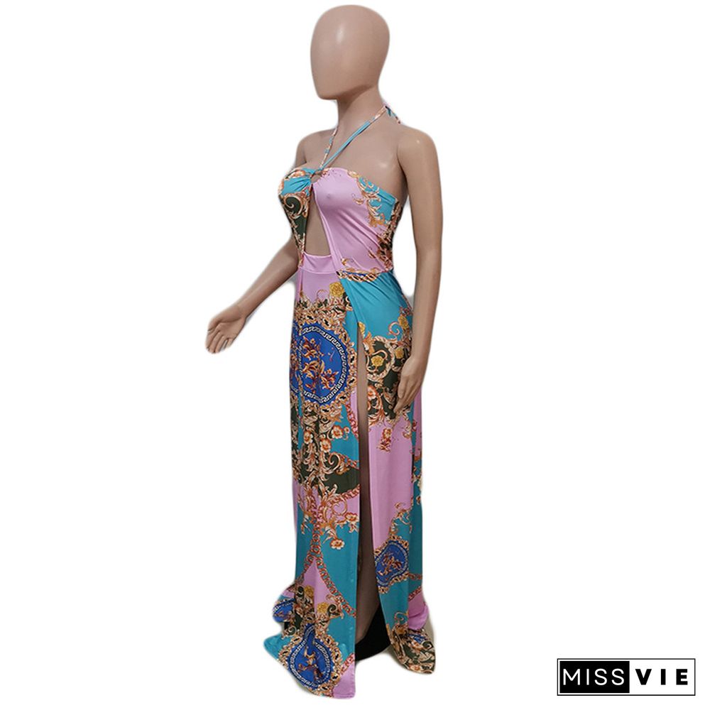 Vintage Pattern Printed High Slit Backless Maxi Dress