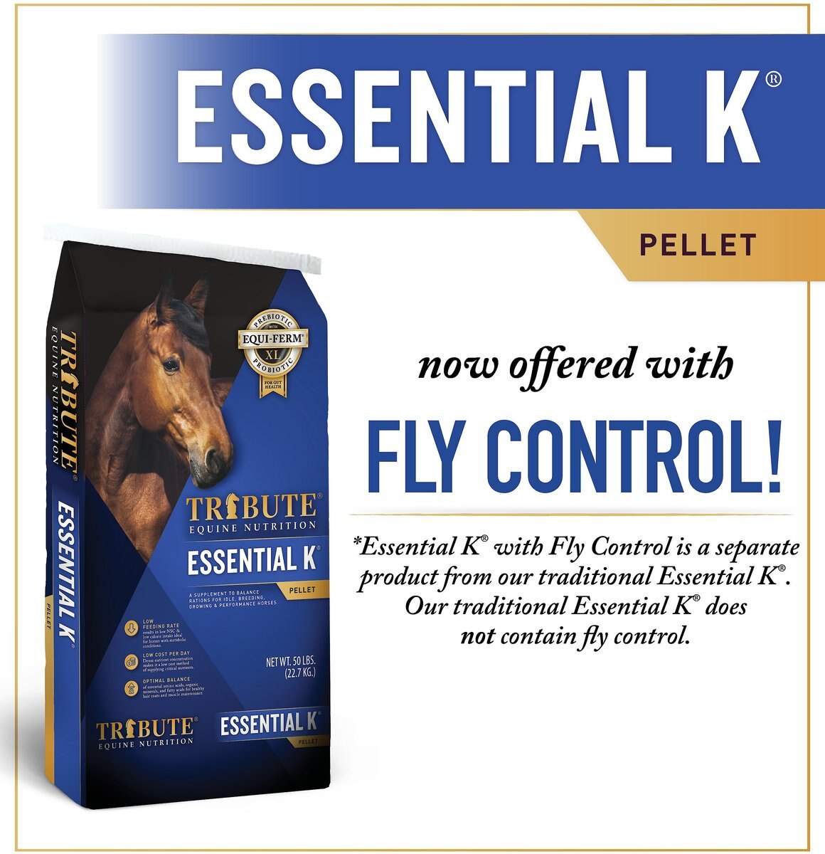 Tribute Equine Nutrition Essential K With Fly Control Formula Horse Food， 50-lb bag