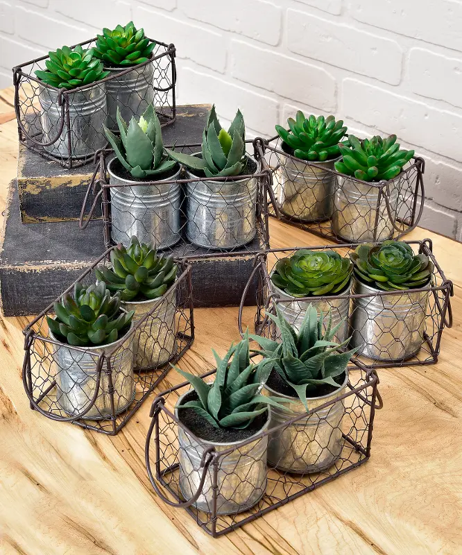 Assorted Two Potted Faux Plant Arrangements In A Basket