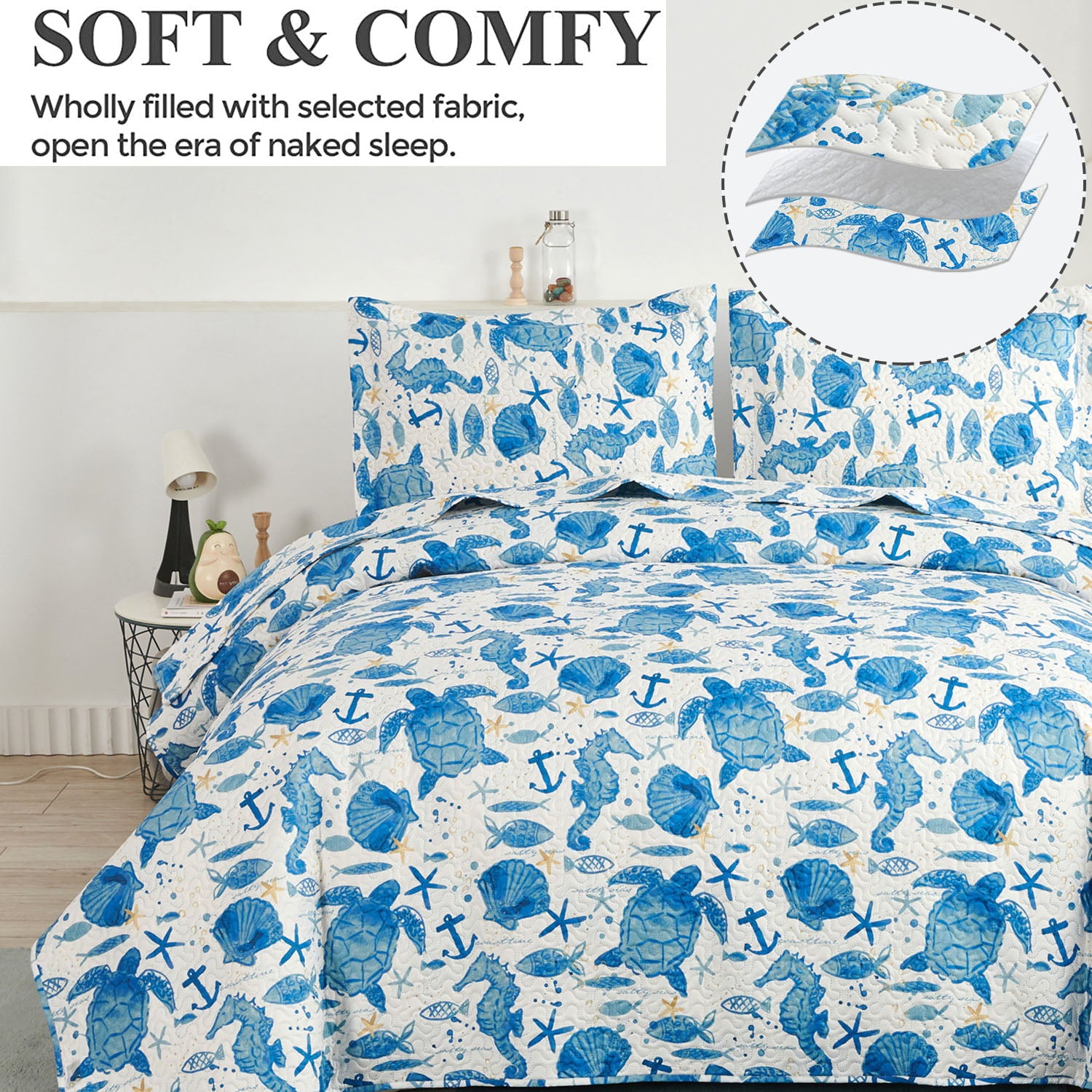 Jessy Home Ocean Quilt Queen/Full Blue Turtle Bedding Microfiber Bedspread Coverlet Set