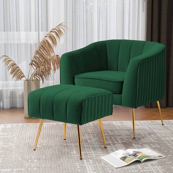 Modern Velvet Barrel Arm Accent Chair with Ottoman