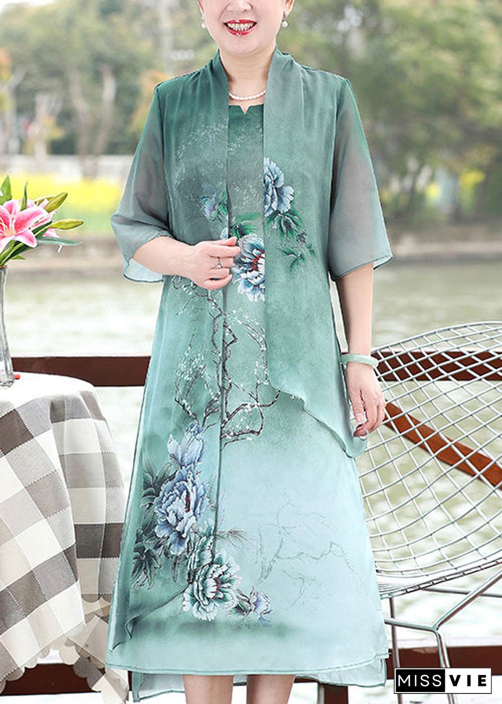 Green Print Patchwork Chiffon Dresses False Two Pieces Summer Half Sleeve