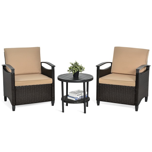 Tangkula 3 piece Rattan Sofa Chair Patio Conversation Set With Coffee Table amp Cushions