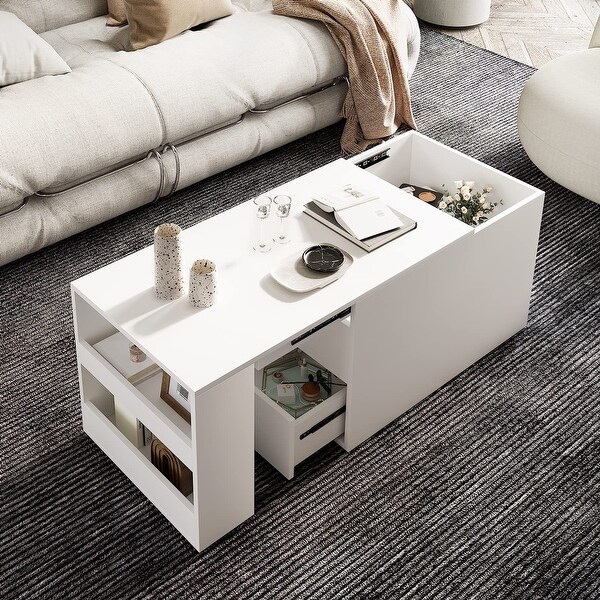 Coffee Table with Hidden Sliding Storage Drawer，Extendable Coffee Table， Modern Coffee Desk for Living Room Reception Room，White