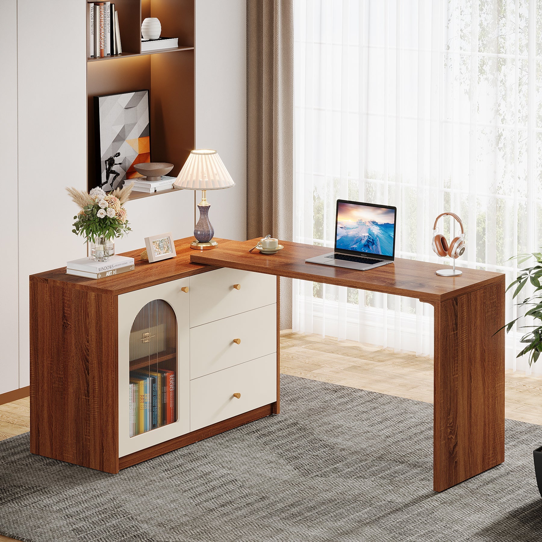 L-Shaped Computer Desk, Corner Office Desk with Reversible Storage Cabinet