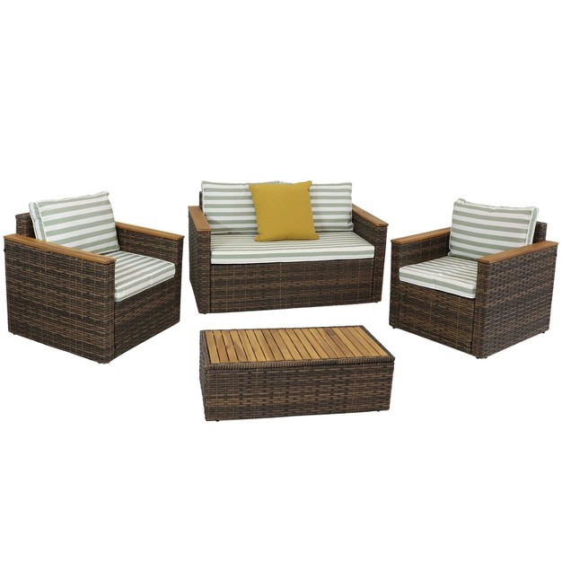 Sunnydaze Outdoor Rattan And Acacia Wood Kenmare Patio Conversation Furniture Set With Loveseat Chairs Table And Seat Cushions Green Stripe 4pc