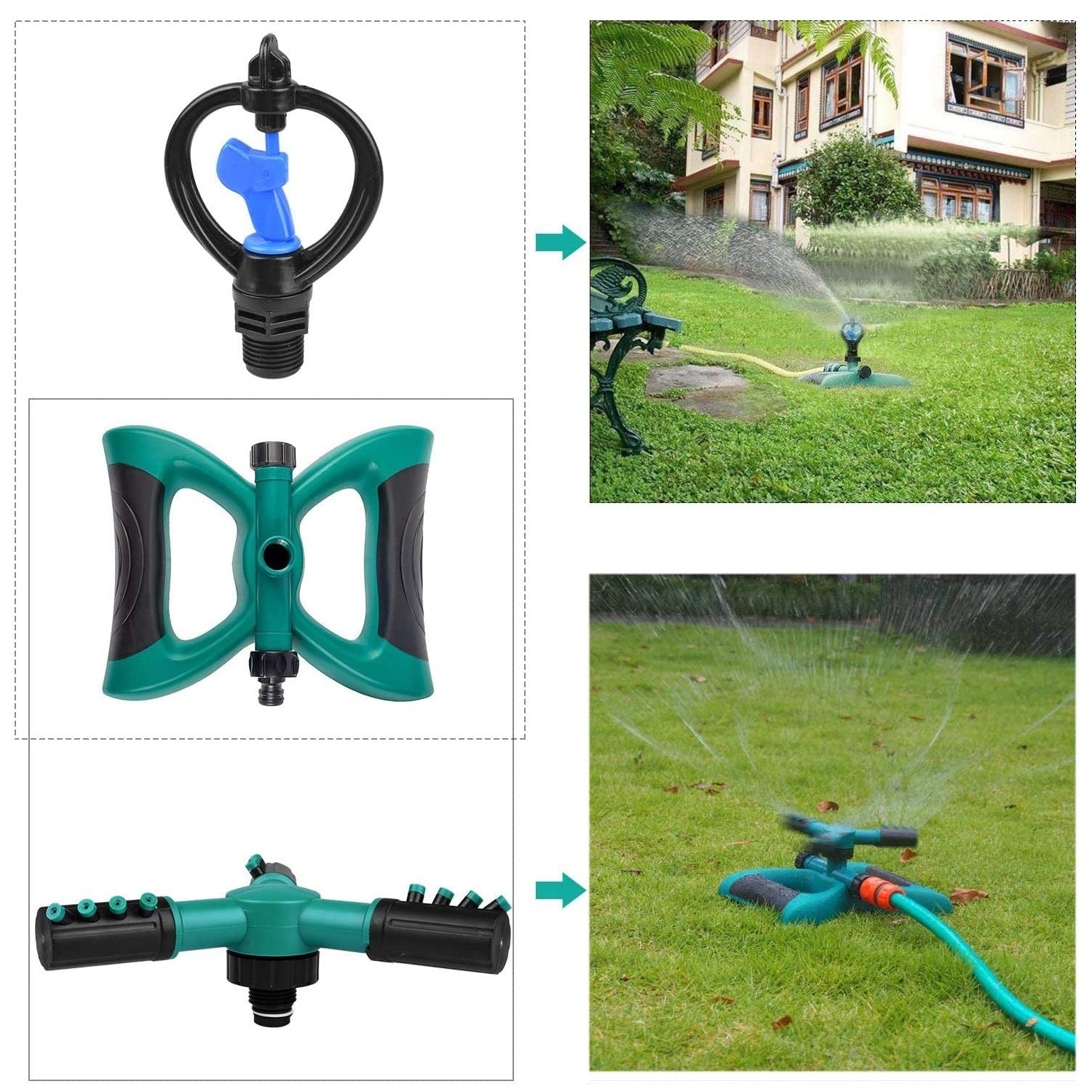 Flantor Lawn Garden Sprinkler - Automatic Water Sprinkler， 360° Adjustable Rotating， 3-Arms Irrigation System for Outdoor (2Pcs)