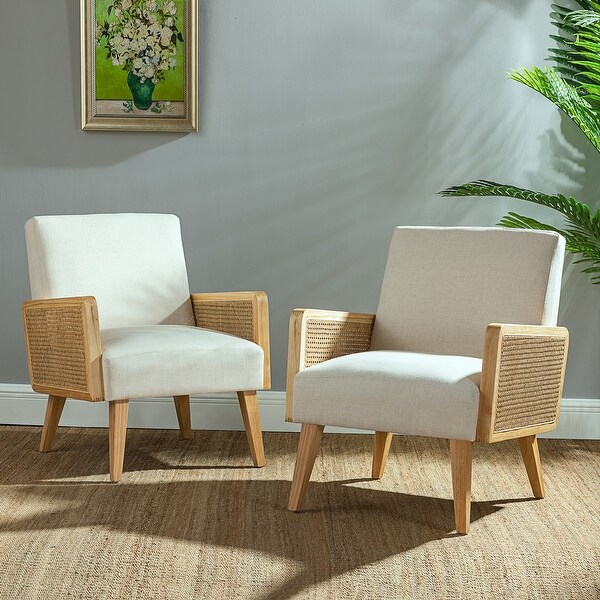 Carmina Modern Bohemian Cane upholstered Accent Armchair with Tapered Legs Set of 2 by HULALA HOME